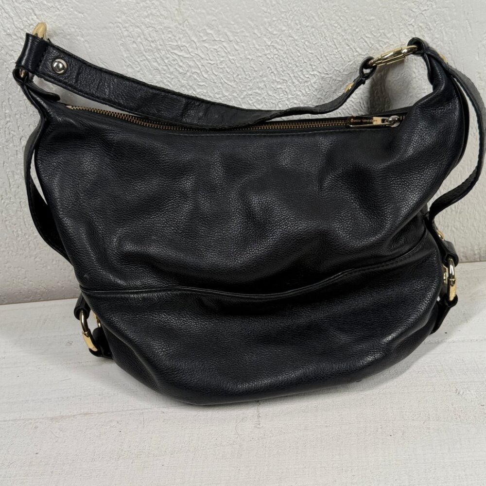 Michael Kors Black Leather Hobo Shoulder Bag Gold MK Logo Zip Top Medium - Picture 4 of 15